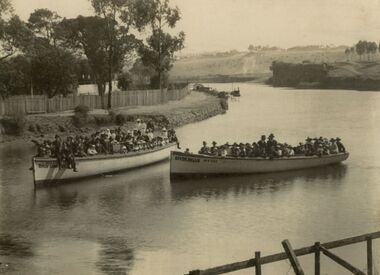 Photograph - Two boat loads of supporters for Syd Dunn on the Maribyrnong River, 1921