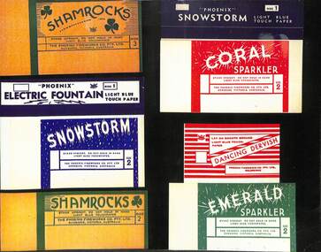 Ephemera - Phoenix Fireworks Multi coloured labels attached to fireworks, 1960