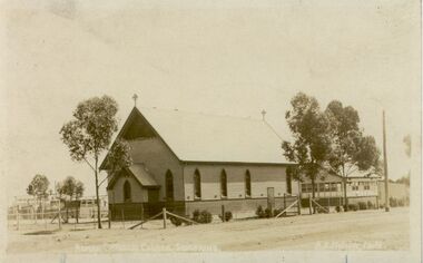 Postcard - First Catholic church on Monash Street, early 1920s