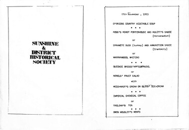 Ephemera - Sunshine and District Historical Society Pioneers Dinner menu 1983, 1983