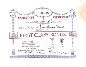 Certificate - Certificates awarded from McKays factory, 1916-20 & 1941