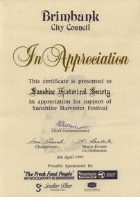 Certificate - Certificate of Appreciation to Sunshine and District Historical Society Inc, 1995