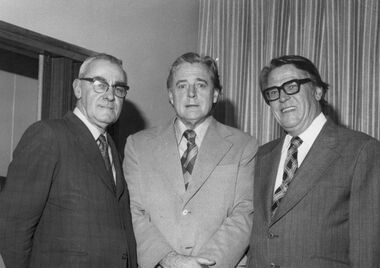 Photograph - Three tiers of government Sunshine 1973 Bon Thomas MLA Sunshine Councillor Hon Dr Jim Cairns Deputy Prime Minister CR J Tighe Mayor of Sunshine, 1973