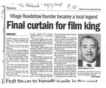 Article - Village Roadshow Founder Became A Local Legend - Final Curtain For Film King Roc Kirby, Fairfax Community Network, 26/02/2008 12:00:00 AM