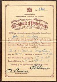 Certificate - Certificate of Proficiency awarded to John M. Bickley, 1951