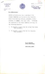 Administrative record - City of Sunshine - Commissioner Mr Alexander "Alex" George Gillon Collection 1976 - 1982 - Notice of meeting of the finance committee on 24th July 1978 City of Sunshine, City of Sunshine, 19/07/1978
