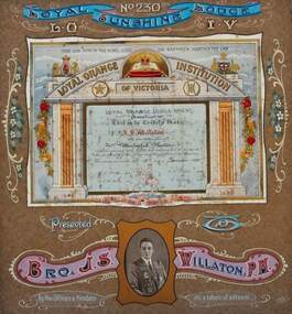 Certificate - Royal Sunshine Lodge No 230 The Loyal Orange Institution J.S. Certificate, 1930