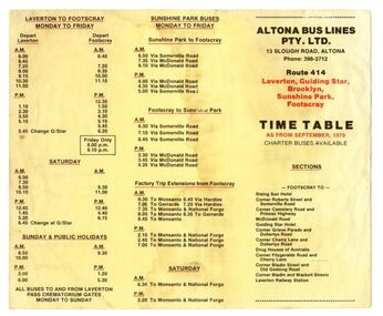 Memorabilia - Route 414 Altona Bus Lines Timetable 1979