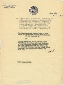 Document - Shire of Braybrook Invitation 1940 Unveiling of an honour board containing the names of Chairmen of Braybrook District Road Board and past presidents of the Shire, 1940