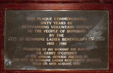 Plaque - Sunshine Benevolent Society Commemorative Plaque, 1988