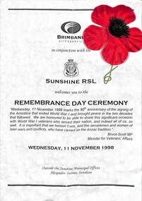 Ephemera - Sunshine RSL Armistice Day Program 1998, 1998