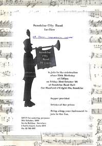 Ephemera - Sunshine City Band 70th Birthday Invitation to John Willaton & his wife, 1998