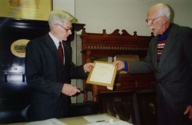 Photograph - Sunshine and District Historical Society Life member certification award to E Wegener on 18 August 2002, 2002
