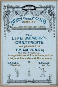 Certificate - Mr Tom Laffen's Druids Cricket Club Life Member Certificate, n.d