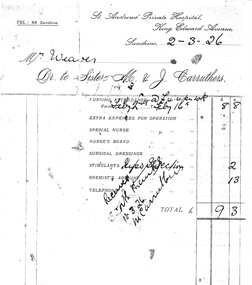 Ephemera - St Andrews Private Hospital account of Mr V Weaver 1926, 1926