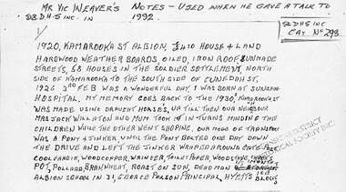 Document - Notes from Mr Vic Weaver autobiographical talk, 1992