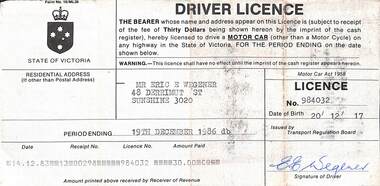 Administrative record - Eric Wegener Drivers Licence 1983 and Car Registration 1994, 1986; 1995