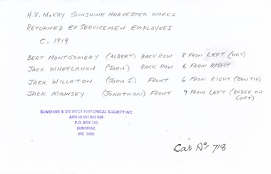 Photograph - Returned servicemen at Sunshine Harvester Works, circa 1919