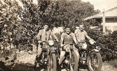 Photograph - Three men on motorcycles Thompson Jordan Downing