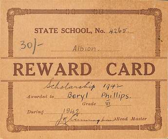 Award - Reward card Albion State School plus confirmation certificate