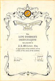 Certificate - Sunshine District Band Life Members Certificate J. S. Willaton