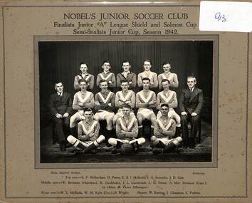 Photograph - Nobels Junior Soccer Club 1942 Photograph, Hilda Mitchell Studios, 1942