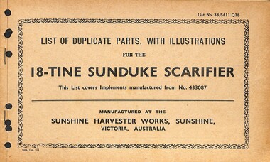 Manual - Sunshine Harvester Mckay Massey Harris - List of duplicate parts with illustrations for the Sunbean Single Furrow Mouldboard Plough With Movable Handles