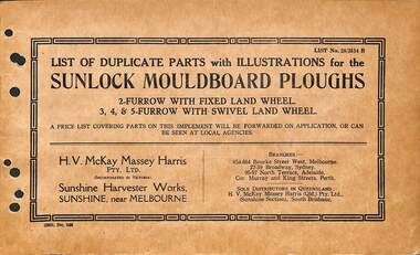 Manual - Sunshine Harvester Mckay Massey Harris - List of Duplicate parts with illustrations for the Sunlock Mouldboard ploughs, Mckay Massey Harris. H.V