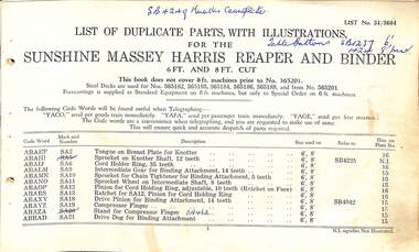 Manual - Sunshine Harvester Mckay Massey Harris - List of duplicate parts with illustrations for Massey Harris reaper and binder, H.V. McKay Massey Harris