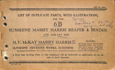 Manual - Sunshine Harvester - List of duplicate parts with illustrations for the 6b Sunshine Massey Harris Reaper & Binder, McKay Massey Harris. H. V