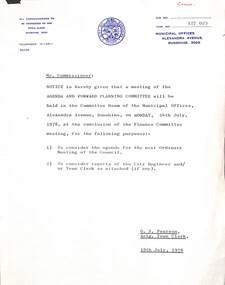 Administrative record - City of Sunshine - Commissioner Mr Alexander "Alex" George Gillon Collection 1976 - 1982 - Notice of meeting of the agenda and forward planning committee City of Sunshine, City of Sunshine, 19/07/1978