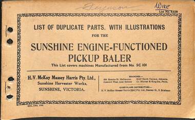 Manual - Sunshine Harvester MacKay Massey Harris - List of duplicate parts with illustrations for the Sunshine engine - functioned pick up baler, MacKay Massey Harris, H. V