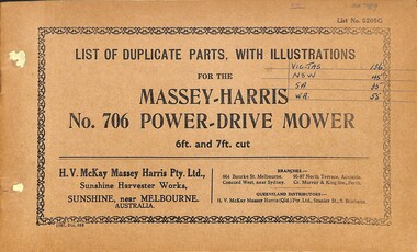 Manual - Sunshine Harvester McKay Massey Harris - List of duplicate parts with illustrations for the Massey Harris no706 power drive mower, McKay Massey, H. V