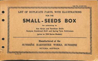 Manual - Sunshine Harvester McKay Massey Harris - List of duplicate parts with illustrations for the small seeds box, McKay Massey Harris, H.V