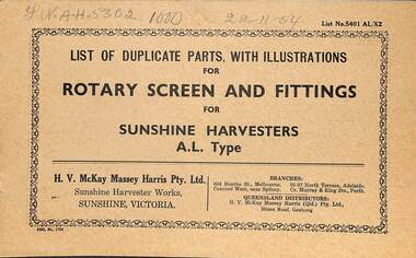 Manual - Sunshine Harvester McKay Massey Harris - List of duplicate parts with illustrations for rotary screen and fittings for Sunshine Harvesters A.L. Type, McKay Massey Harris, H.V