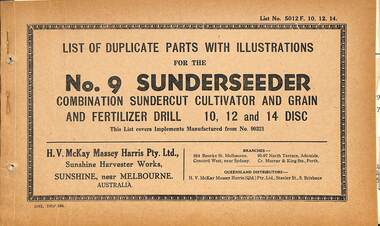 Manual - Sunshine Harvester McKay Massey Harris - List of duplicate parts with illustrations for the no. 9 Sunderseeder, McKay Massey Harris, H.V