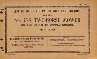 Manual - Sunshine Harvester McKay Massey Harris - List of duplicate parts with illustrations for the no 23S two - horse mower cutter bar with dipper guards, McKay Massey Harris, H.V