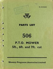 Manual - Parts list 506 P.T.O mower 5ft, 6ft and 7ft cut, McKay Massey Harris, H.V