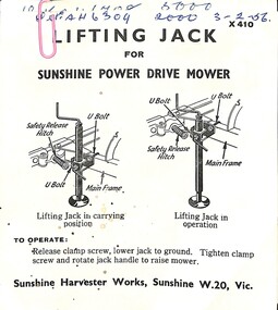 Manual - Lifting jack for Sunshine power drive mower, McKay Massey Harris, H.V