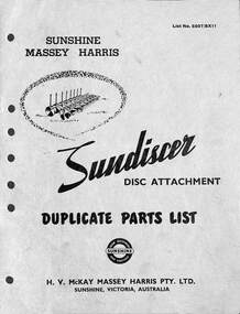 Manual - Sundiscer disc attachment duplicate parts list, McKay Massey Harris, H.V