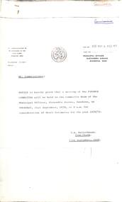 Administrative record - City of Sunshine - Commissioner Mr Alexander "Alex" George Gillon Collection 1976 - 1982 - Notice of works committee on 18th Sept 1978 and Notice of Finance Committee 21st September 1978, City of Sunshine, 13th September 1978
