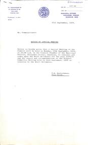 Administrative record - City of Sunshine - Commissioner Mr Alexander "Alex" George Gillon Collection 1976 - 1982 - Notice of special meeting to be held on 25th September 1978, City of Sunshine, 21st September 1978