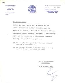 Administrative record - City of Sunshine - Commissioner Mr Alexander "Alex" George Gillon Collection 1976 - 1982 - Notices of Meetings of Various Committees to be Held on 16th October 1978, City of Sunshine, 11th October 1978