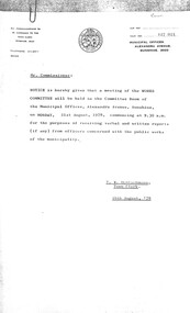 Administrative record - City of Sunshine - Commissioner Mr Alexander Alex George Gillon Collection 1976 - 1982 - Notice of Committee Meetings 21st August 1978, City of Sunshine, 16th August 1978