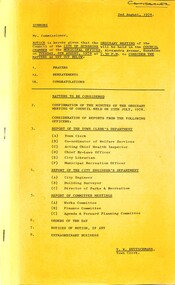 Administrative record - City of Sunshine - Commissioner Mr Alexander "Alex" George Gillon Collection 1976 - 1982 - Notice of ordinary meeting of the Council of the City of Sunshine on 8th August 1978, City of Sunshine, 2nd August 1978