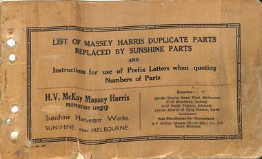 Manual - Sunshine Harvester McKay Massey Harris - List of Massey Harris Duplicate Parts Replaced By Sunshine Parts & Instructions for Use Of Prefix Letters When Quoting Number of Parts, SUNSHINE HARVESTER PRESS