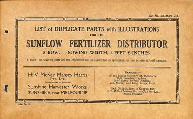 Manual - Sunshine Harvester McKay Massey Harris - List of duplicate parts with illustrations for the Sunflower Fertilizer Distributor 8 Row Sowing With 4 Feet 8 Inches, SUNSHINE HARVESTER PRESS