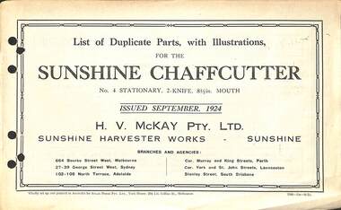 Manual - SUNSHINE HAVESTRER - LIST OF DUPLICATE PARTS WITH ILLUSTRATIONS FOR THE SUNSHINE CHAFFCUTTER NO 4 STATIONARY 2 - KNIFE, 8 1/2 in. MOUTH H.V.MCKAY PTY LTD, SUNSHINE HARVESTER PRESS, 44440