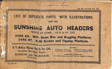 Manual - Sunshine Harvester Mckay Massey Harris - List of duplicate parts with illustrations for the Sunshine Auto Header With Grain Box And Bagging Platform Type KT With Screen And Tipping Platform, SUNSHINE HARVESTER PRESS