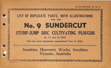Manual - Sunshine Harvester Mckay Massey Harris - List of duplicate parts with illustrations for the No 9 Sundercut Stump Jump Dics Cultivator Plough 10, 12 & 14 Discs, SUNSHINE HARVESTER